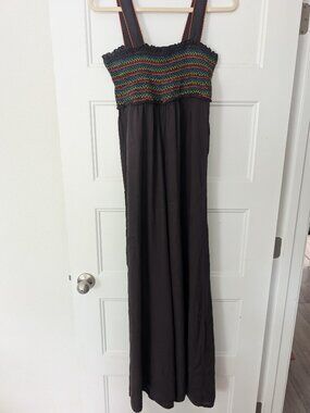 Natural Life Smocked Wide Leg Jumpsuit Brown Rainbow Embroidery M 100% Rayon